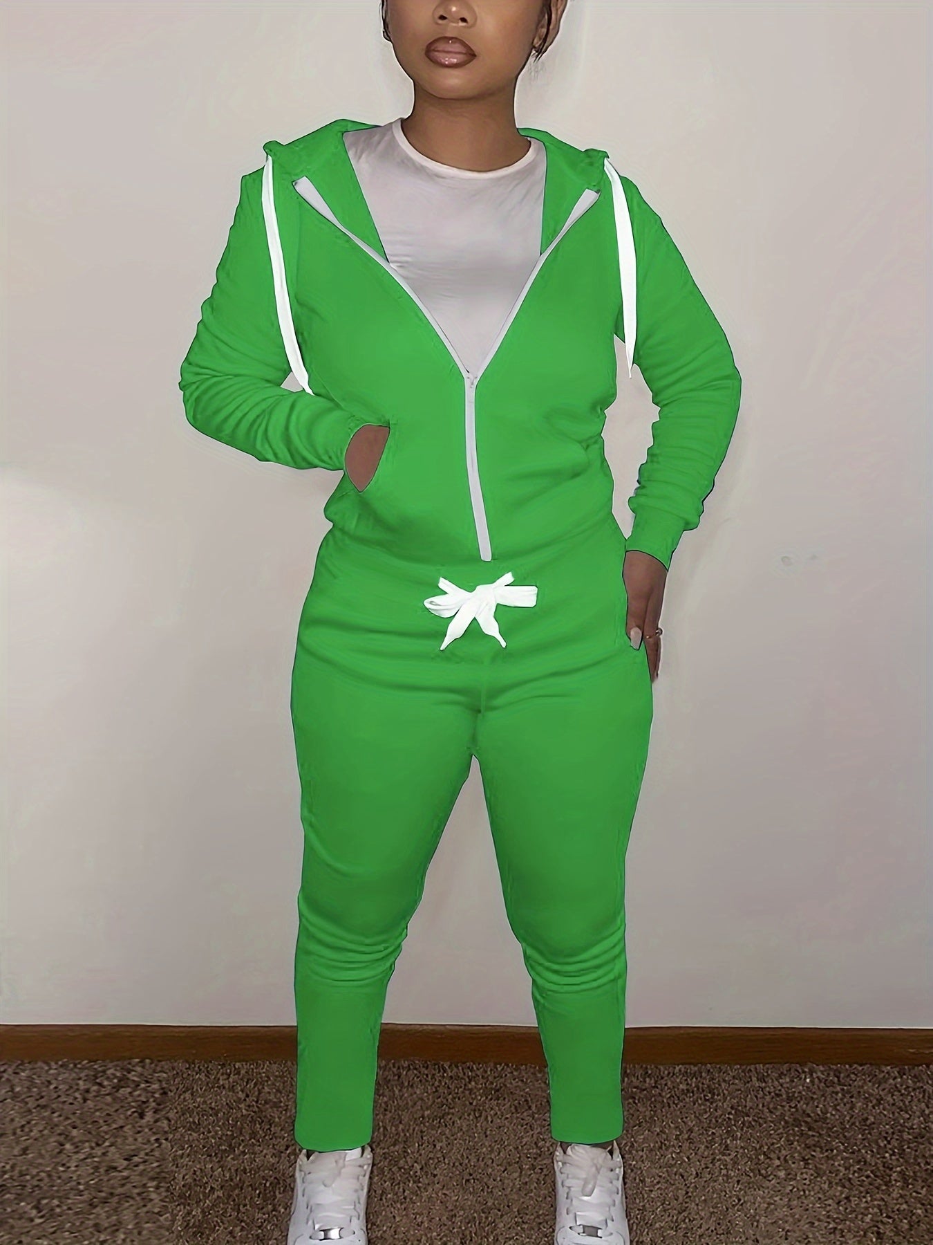 Sporty Outfit Set Women Solid Long Sleeve Zipper Front