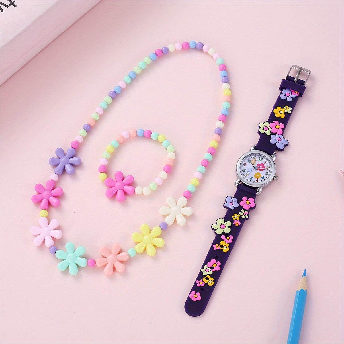 Kids Flower Pattern Watch, Bracelet, Necklace Set