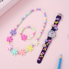 Kids Flower Pattern Watch, Bracelet, Necklace Set