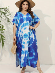 Boho Cover Up Women's Plus Spiral Tie Dye Batwing Sleeve V Neck Loose