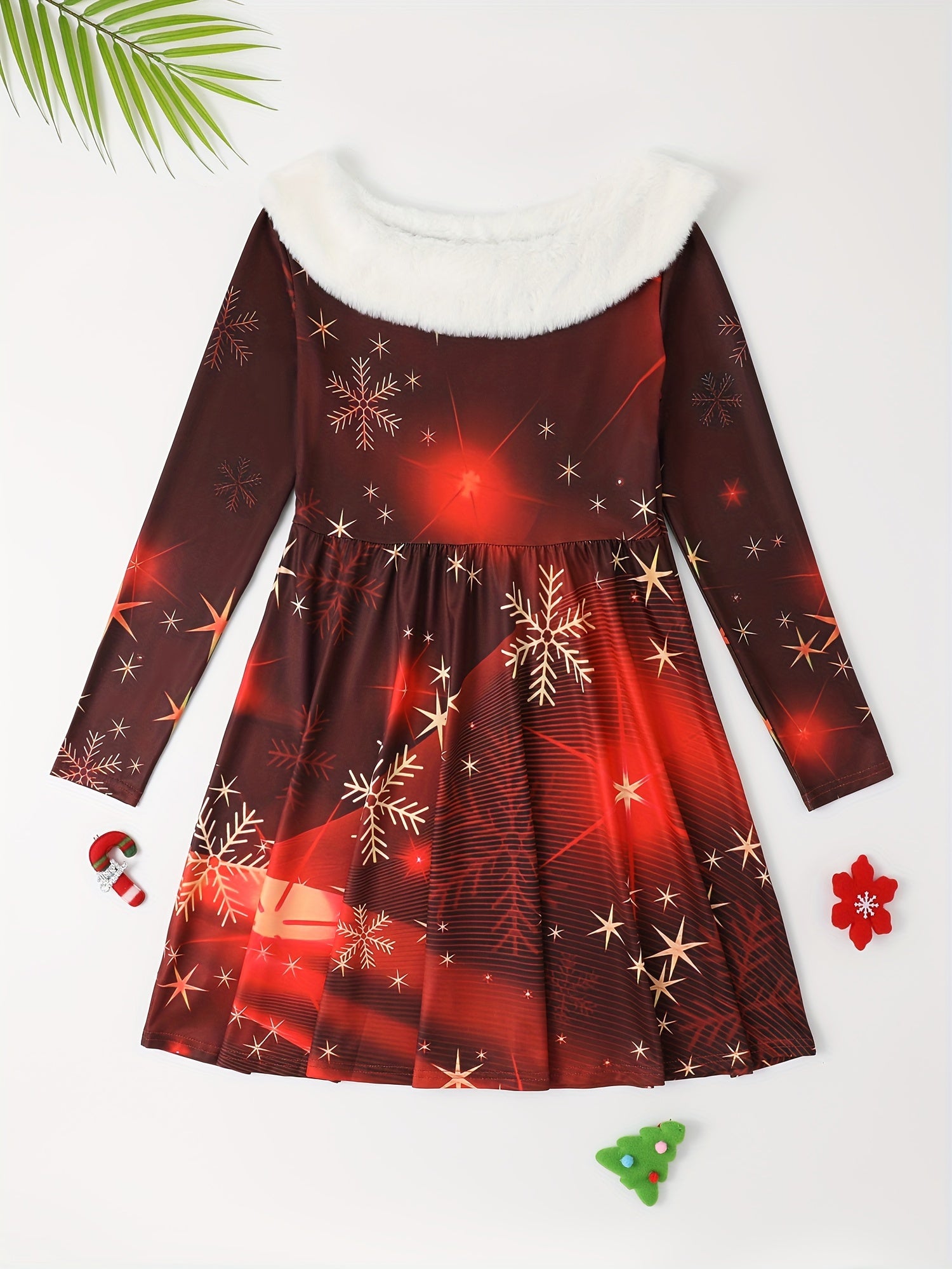 Snowflake & Fire Work Plush Collar Dress for Christmas