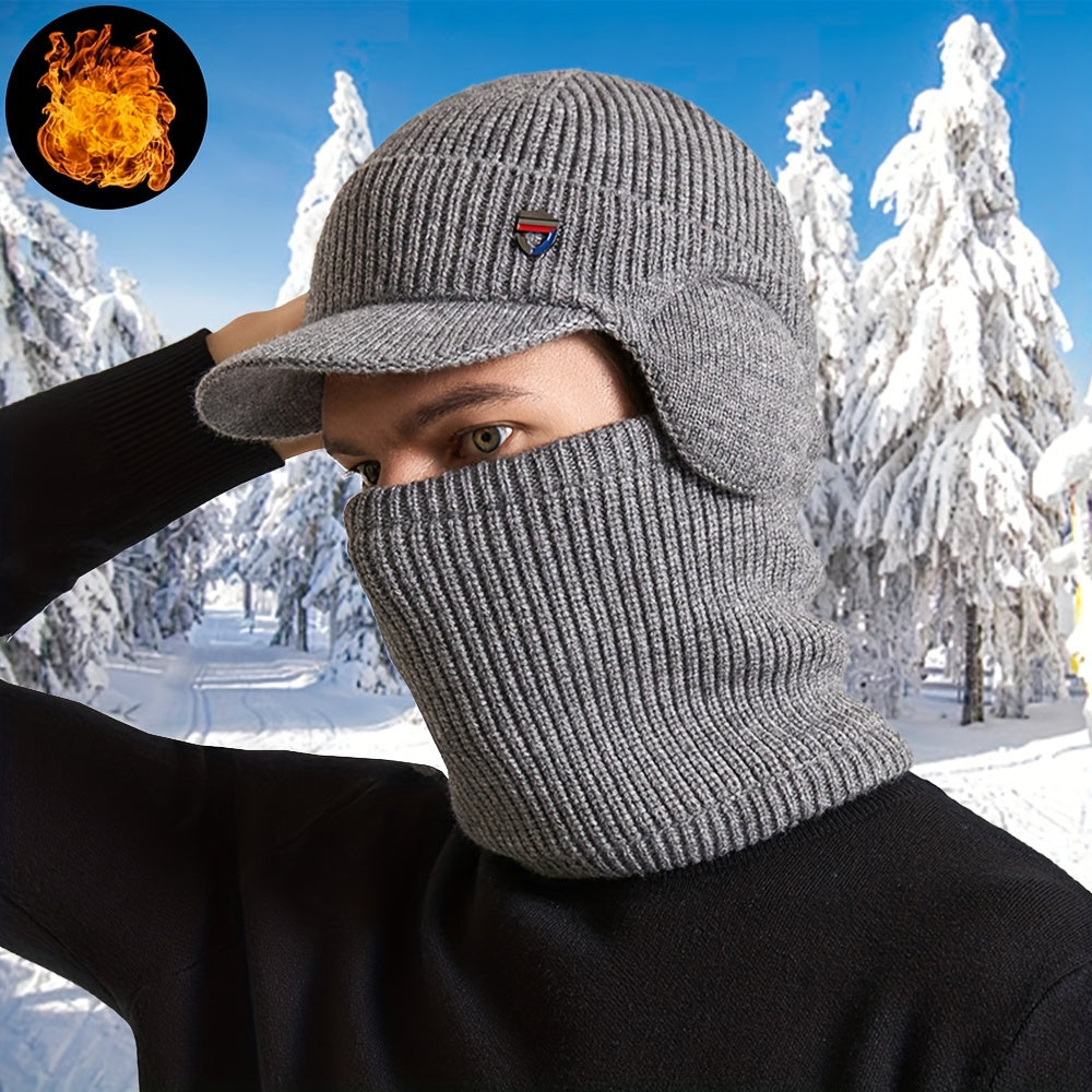 Men's Fleece Beanie Hat & Neck Scarf Set Winter Warm Outdoor Hat Circumference 5
