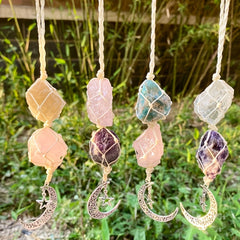 Natural Crystal Raw Hanging Car Charm - Star Moon Charm Rearview Mirror Decor