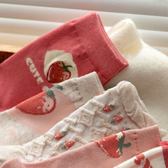 5pairs Girls Kids Strawberry Pattern Thin Lace Breathable Comfy Socks