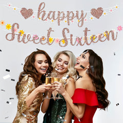 Sweet Sixteen Birthday Banner DIY Rose Golden Glitter Decorations