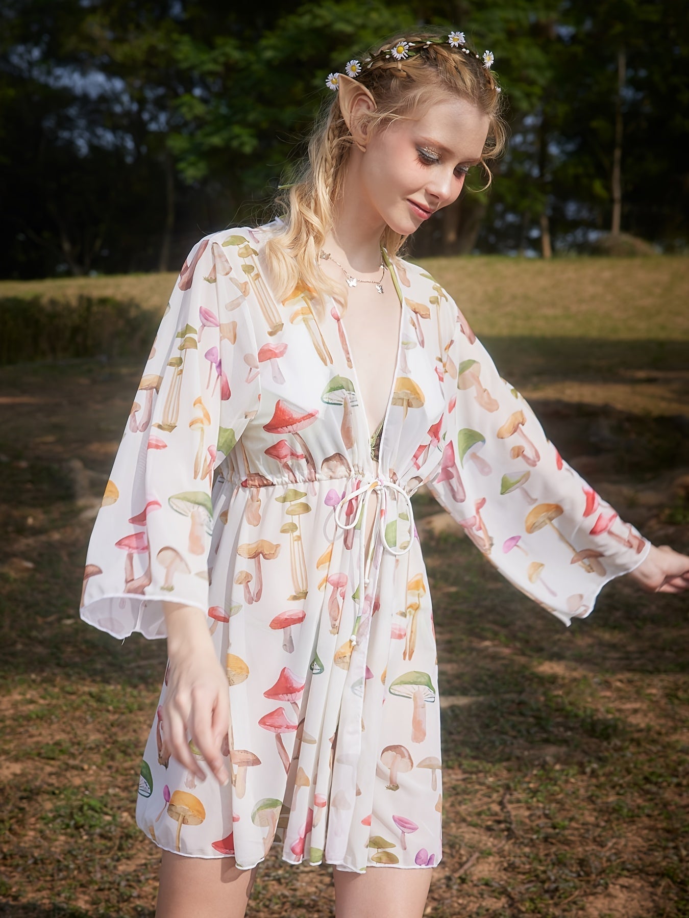 Mushroom Print Long Sleeve Cover Ups Semi Sheer High Stretch