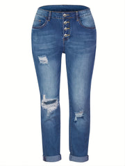 Women's Ripped Stretchy Button Fly Pocket Slim Fit Jeans