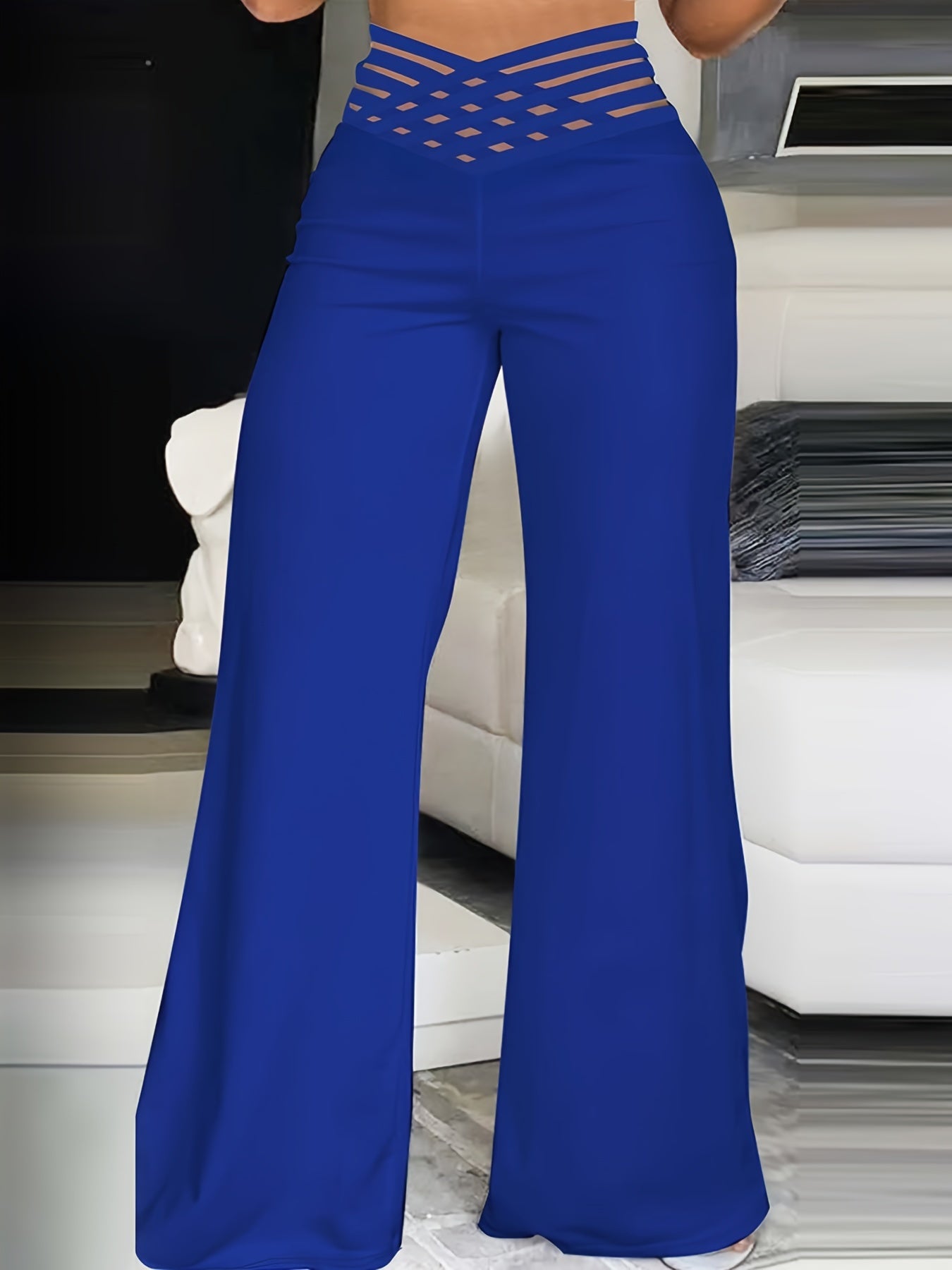 Wide Leg Trousers High Rise Criss Cross V Waist