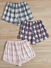 3 Pack Plus Size Preppy Lounge Bottoms Set Women's Plus Plaid & Heart Print Bow