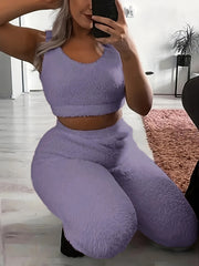 Fuzzy Lounge Set Warm Tank Crop Top & Elastic Waistband Pants