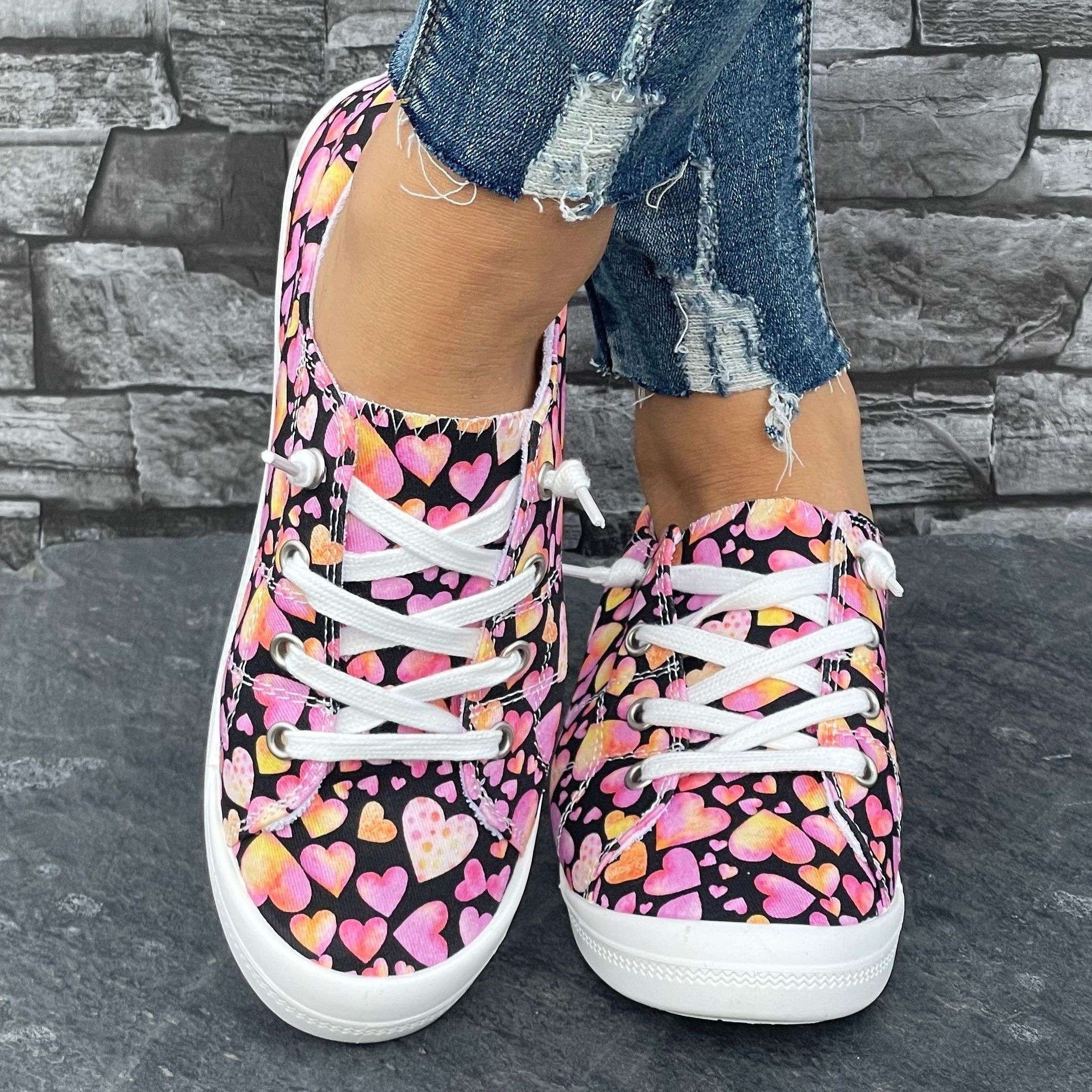 Love Heart Pattern Flat Shoes Slip On Casual Lightweight Soft Comfortable Walkin