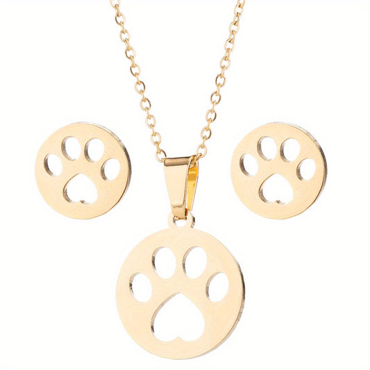 Stainless Steel Origami Cat Necklace and Earrings Set - Animal Pet Jewelry