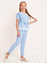 Kid Girls 2pcs Ruffle Trims Bow Short Sleeve T shirt Top Skinny Pants Set