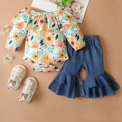 2pcs Toddler Baby Ruffle Off Shoulder Romper & Flared Leg Denim Pants