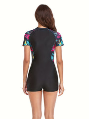 One Piece Geometric Swimsuit Zipper Front Short Sleeve UV Pro