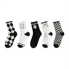 5 Pairs Bear & Plaid Print Socks Mid Tube Women's Stockings