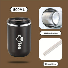 500ml Insulated Stainless Steel Coffee Mug with Straw and Lid
