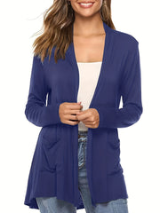 Solid Long Sleeve Open Front Cardigan With Pockets