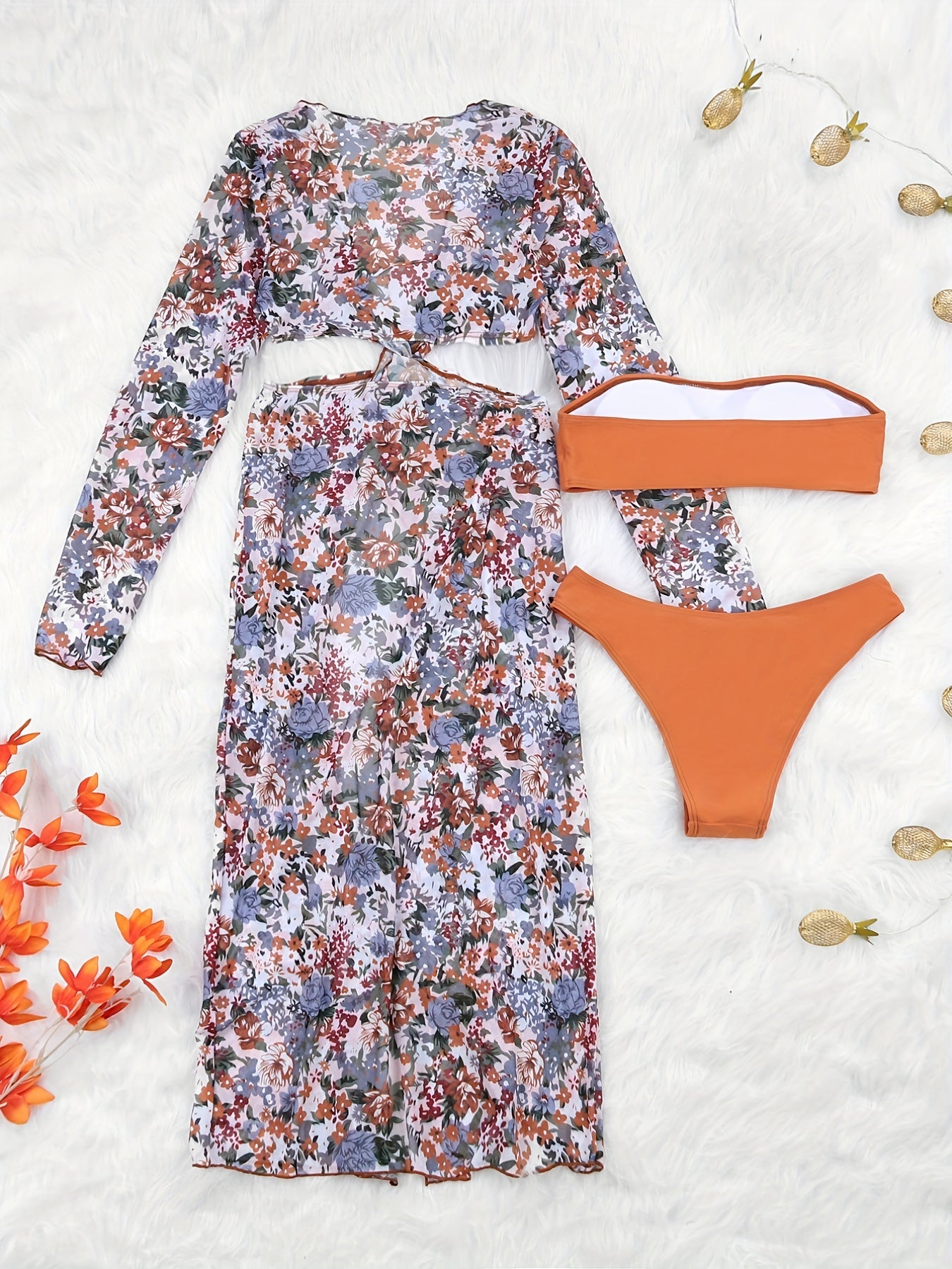 Floral Bandeau Bikini Set With Long Sleeve Cover Up