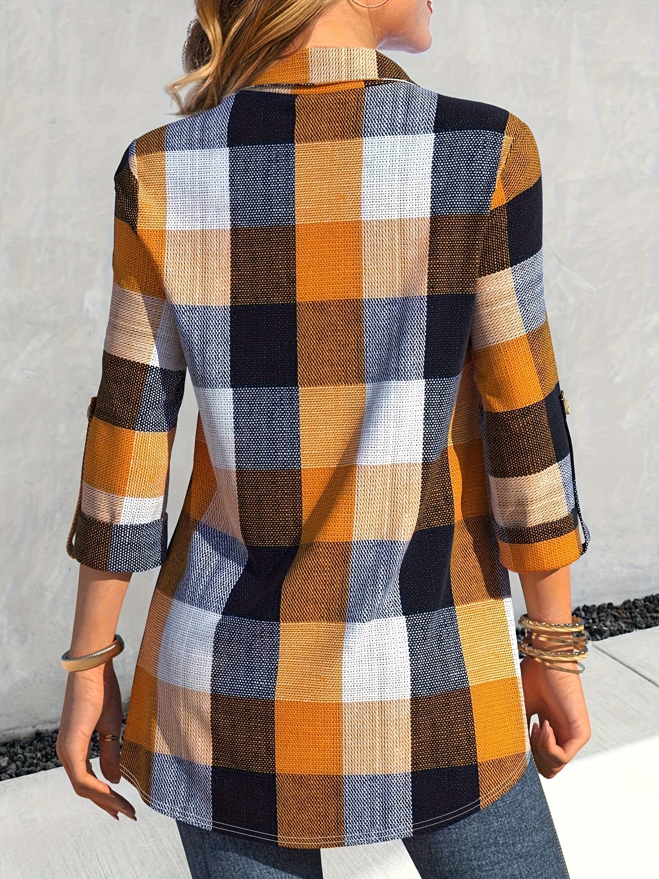 Plus Size Colorblock Grid Print Button Up Roll Sleeve Blouse