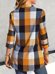 Plus Size Colorblock Grid Print Button Up Roll Sleeve Blouse