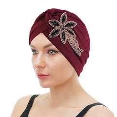 Wine Red Beaded Flower Turban Head Wrap Elastic Chemo Hat