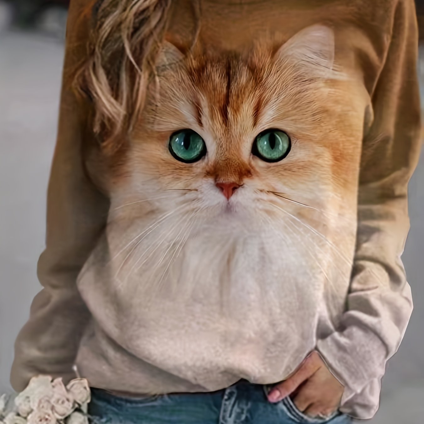 Cat Print Sweatshirt Casual Workout Crew Neck Long Sleeve Sweatshirt