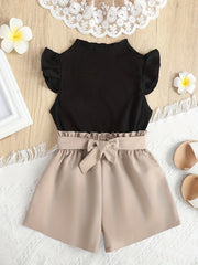 2pcs Toddler Girls Ribbed Knit Top & Shorts Set
