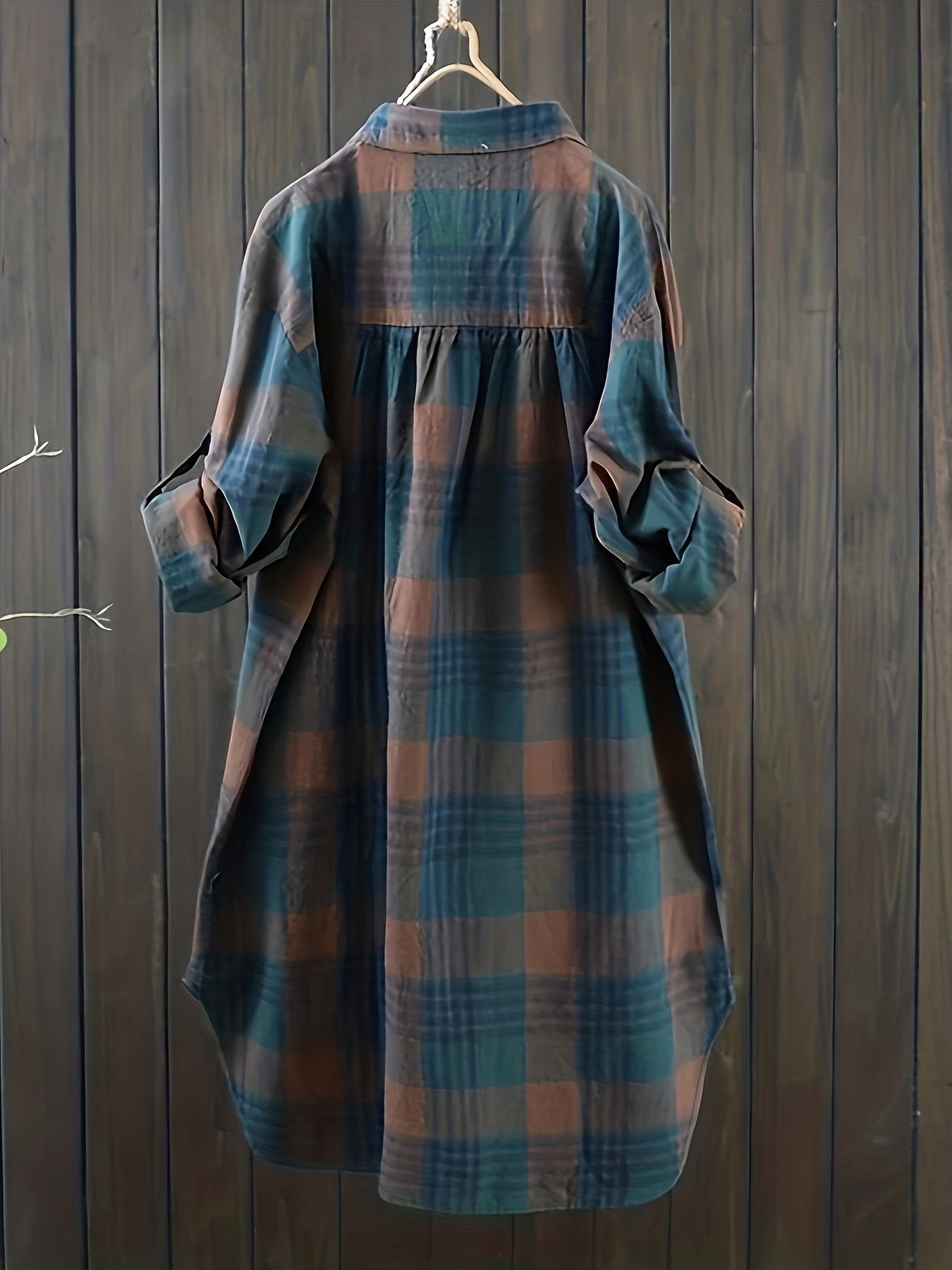 Plaid Print Button Up Roll Up Sleeve Turn Down Collar Blouse