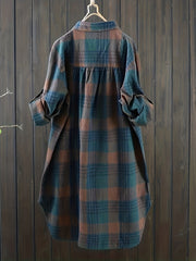 Plaid Print Button Up Roll Up Sleeve Turn Down Collar Blouse