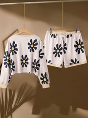Women's Plus Floral Print Drop Shoulder Long Sleeve Round Neck Top & Shorts Set