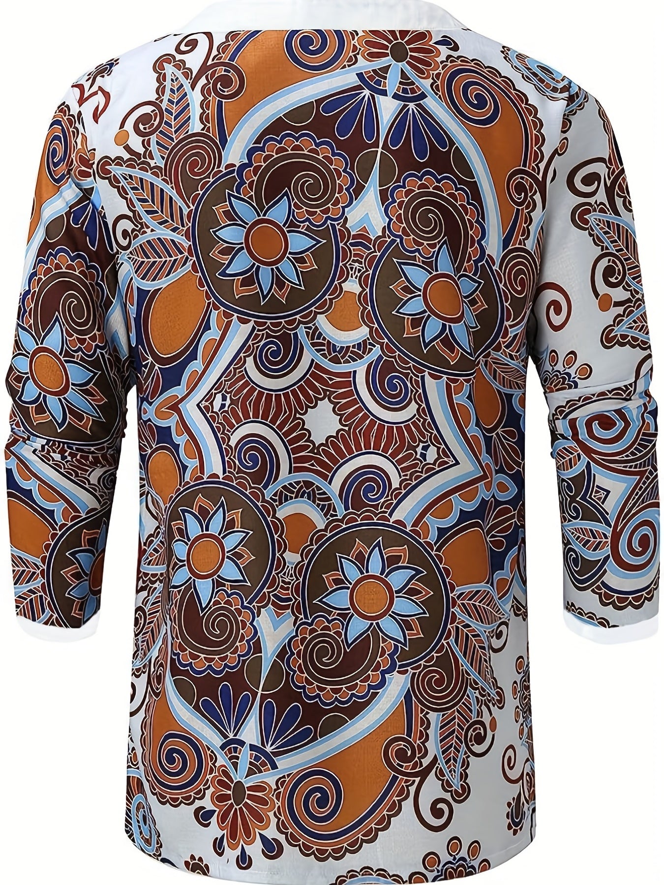 Men's Bohemian Pattern Shirt Top V Neck Lace Up Collar 3 4 Sleeves