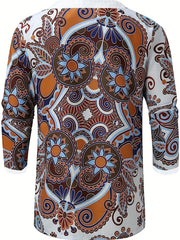 Men's Bohemian Pattern Shirt Top V Neck Lace Up Collar 3 4 Sleeves
