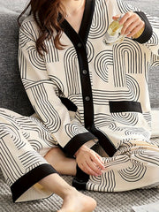 Geometric Print Pajama Set with Long Sleeve Top & Elastic Waistband Pants