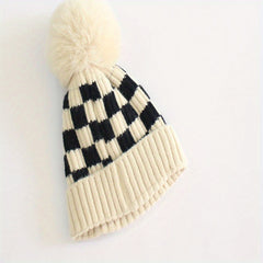 Kids Chessboard Pattern Winter Hat Warm Woolen Baby Accessories