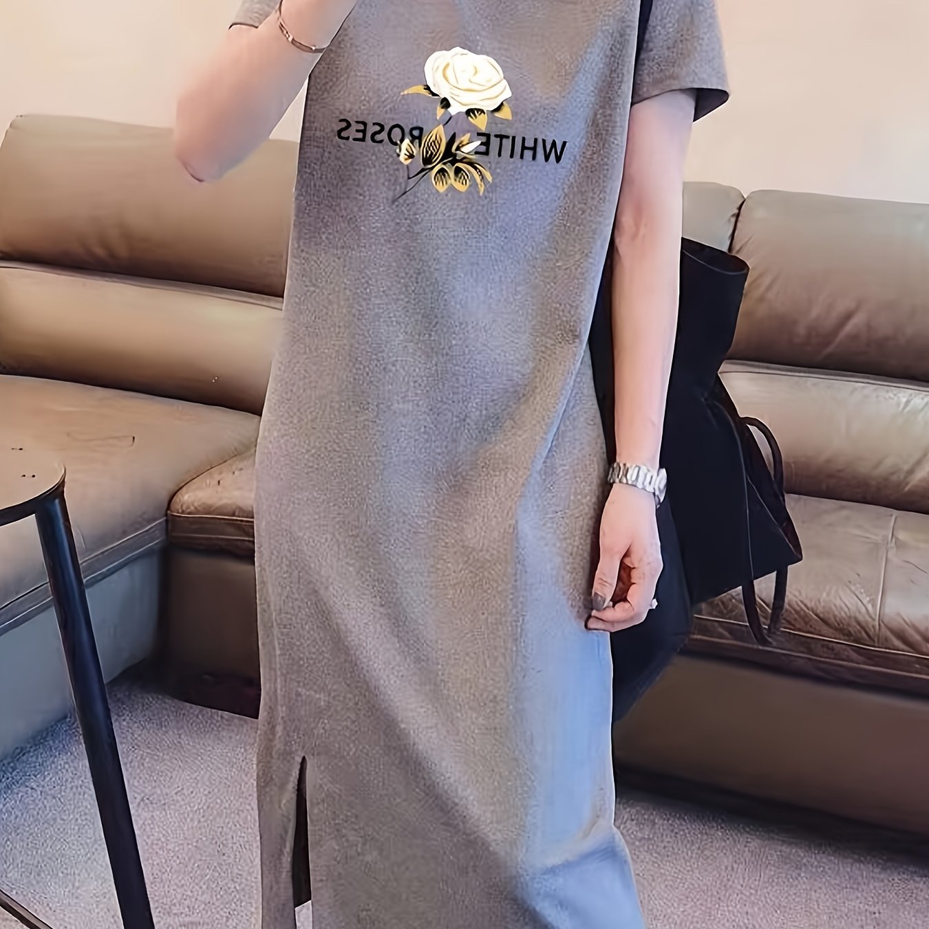 Flower Print Lounge Dress Short Sleeve Over The Knee Slit Dress