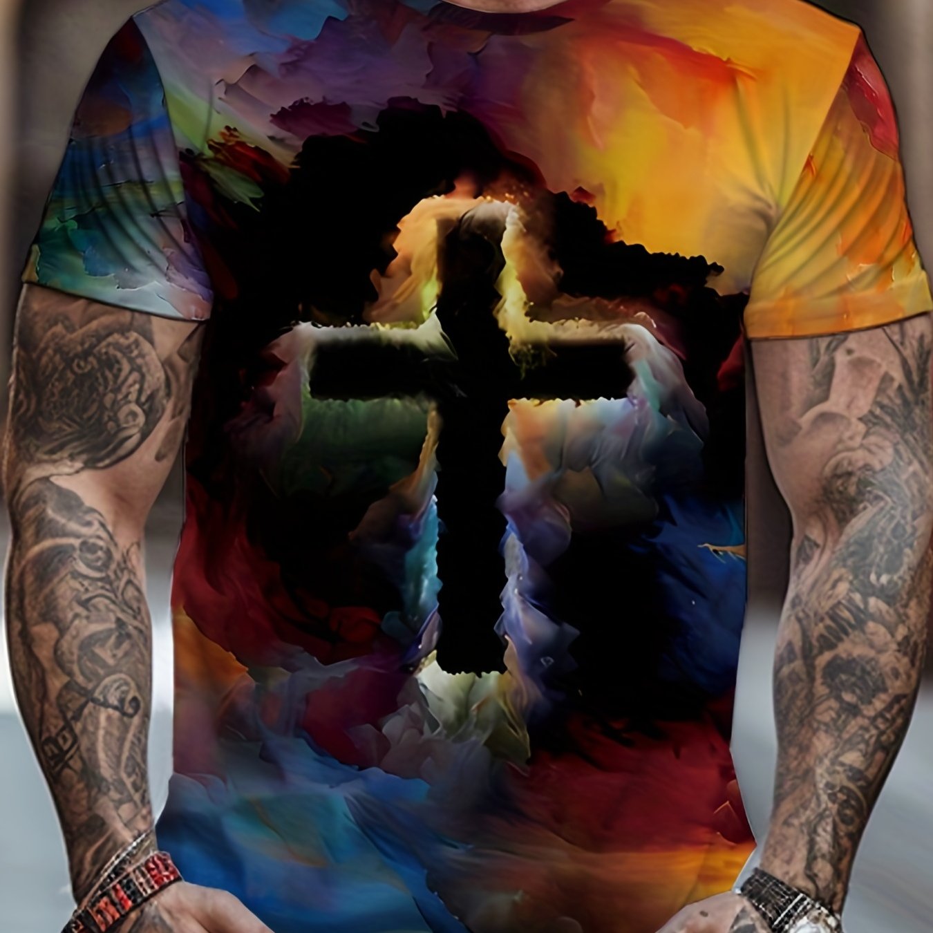 Cross 3D Digital Pattern Men's Graphic T-shirt Casual Tee Short Sleeve Top