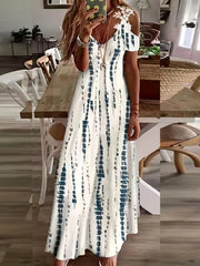 Floral Print Maxi Dress V Neck Casual Short Sleeve Lace Up