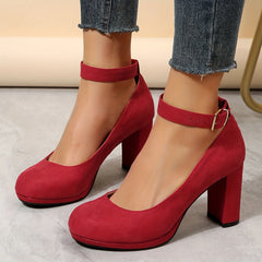 Red Block Heels Buckle Strap Pumps