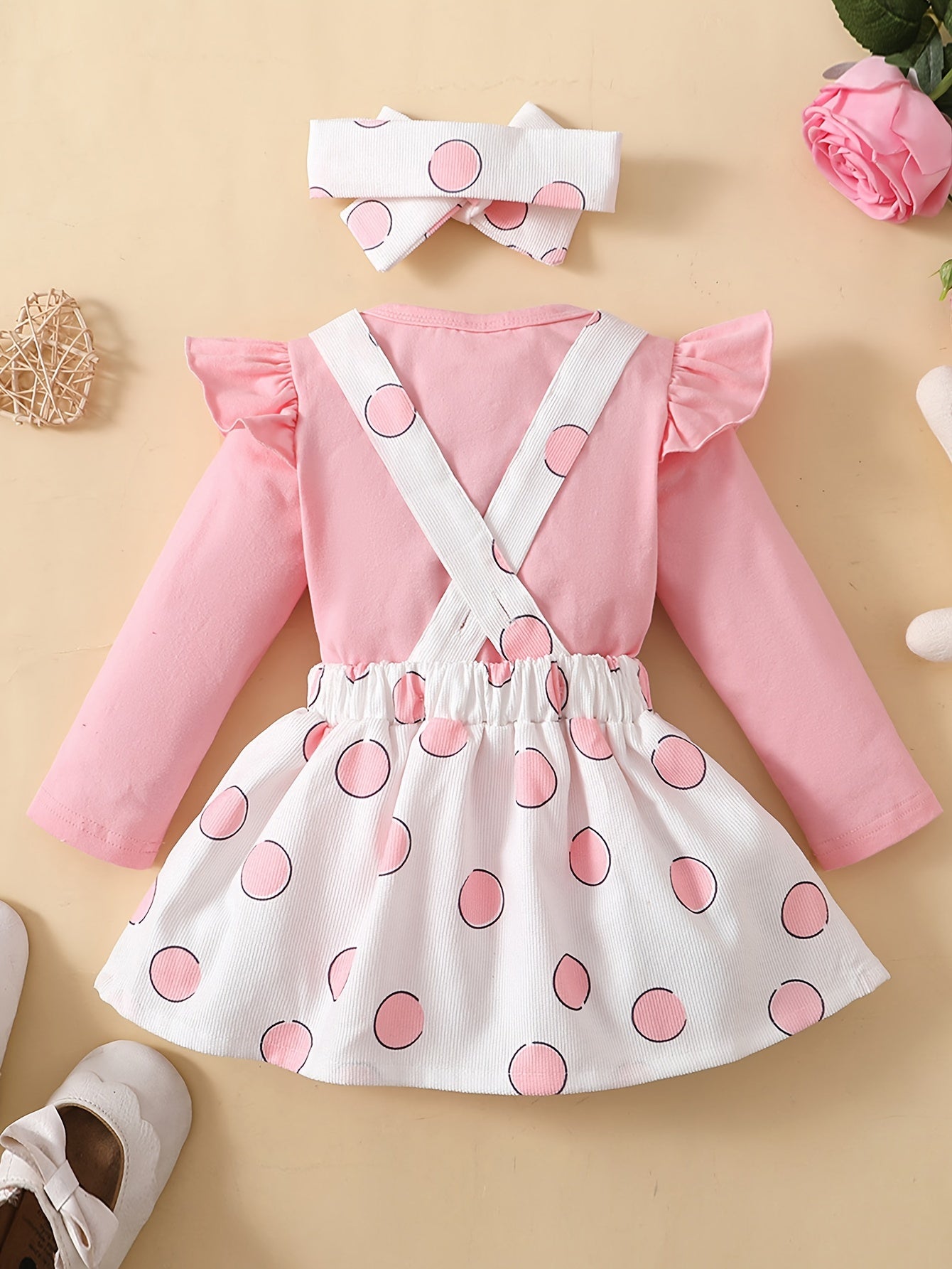 3pcs Baby Girl Polka Dot Rabbit Suspender Skirt Set