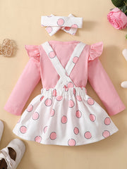3pcs Baby Girl Polka Dot Rabbit Suspender Skirt Set