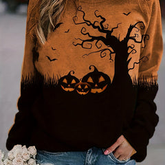 Halloween Print Crew Neck Sweatshirt Long Sleeve Raglan Shoulder Sweatshi