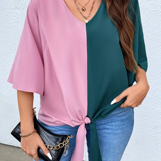 Colorblock V Neck Tunic Top