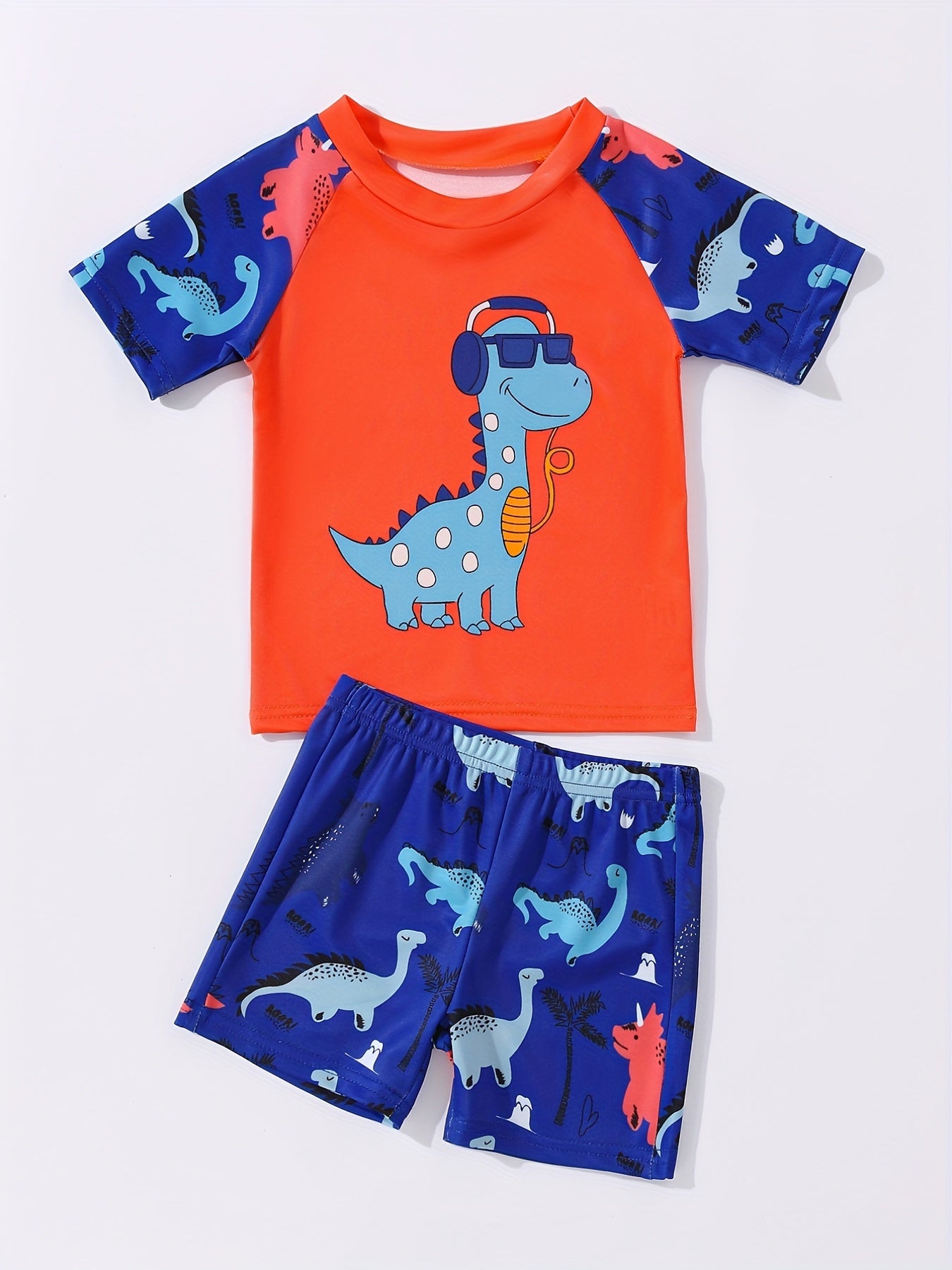 Kid's Swim Trunks & Tops 2pcs Dino Music Print, Beach Vacation Casual Set