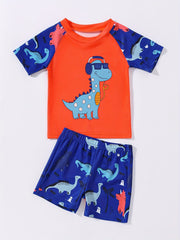 Kid's Swim Trunks & Tops 2pcs Dino Music Print, Beach Vacation Casual Set