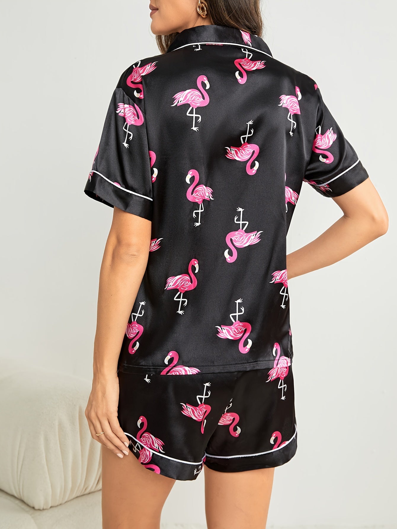 Flamingo Print Pajamas Set Short Sleeve Top & Shorts