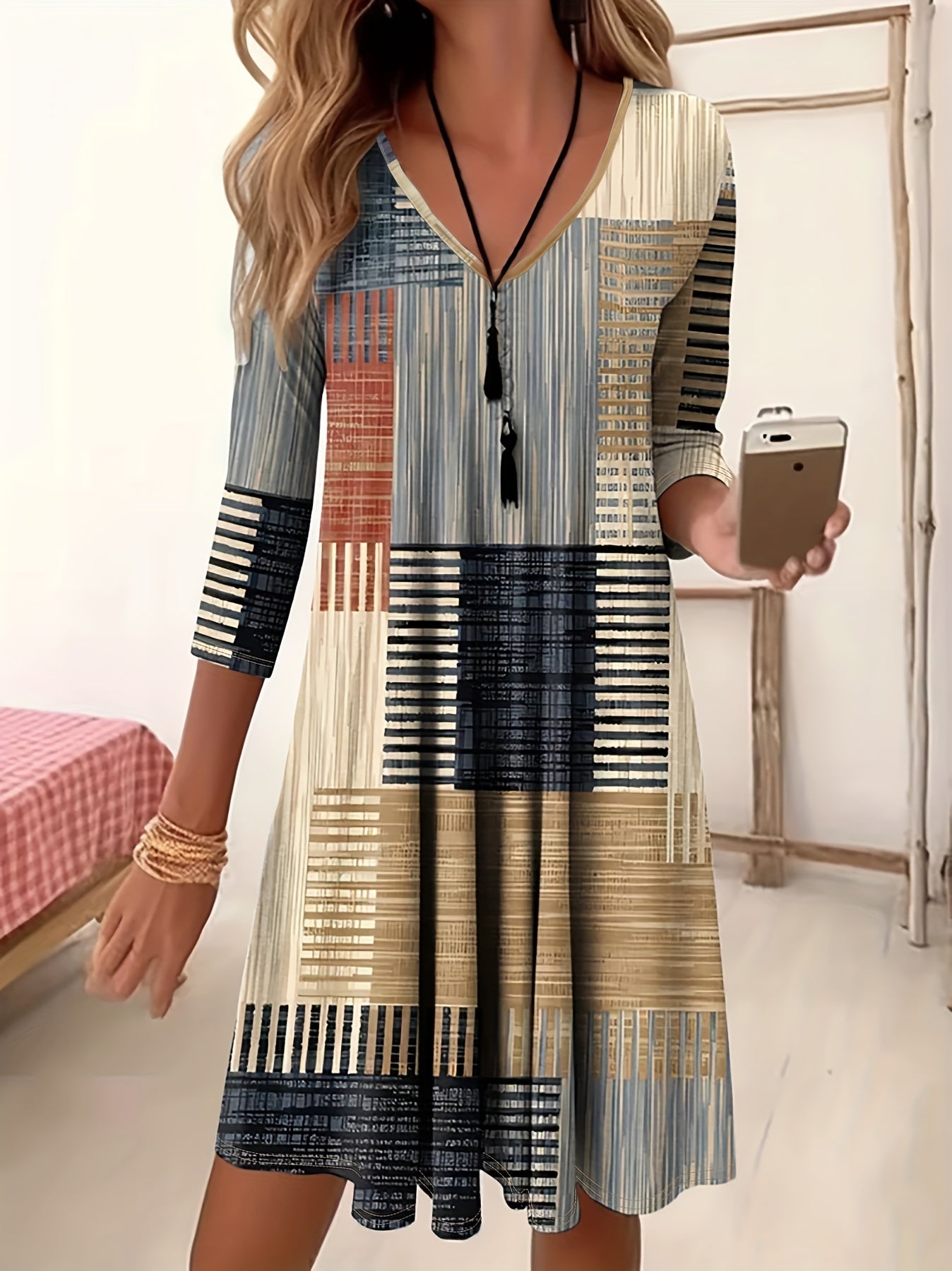 Patchwork Print Long Sleeve V Neck Dress