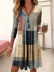Patchwork Print Long Sleeve V Neck Dress