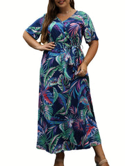 Feather Print Maxi Dress With Pockets