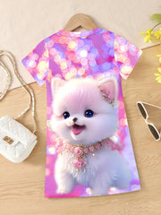 3D Print Puppy Short Sleeve Dress For Girls
